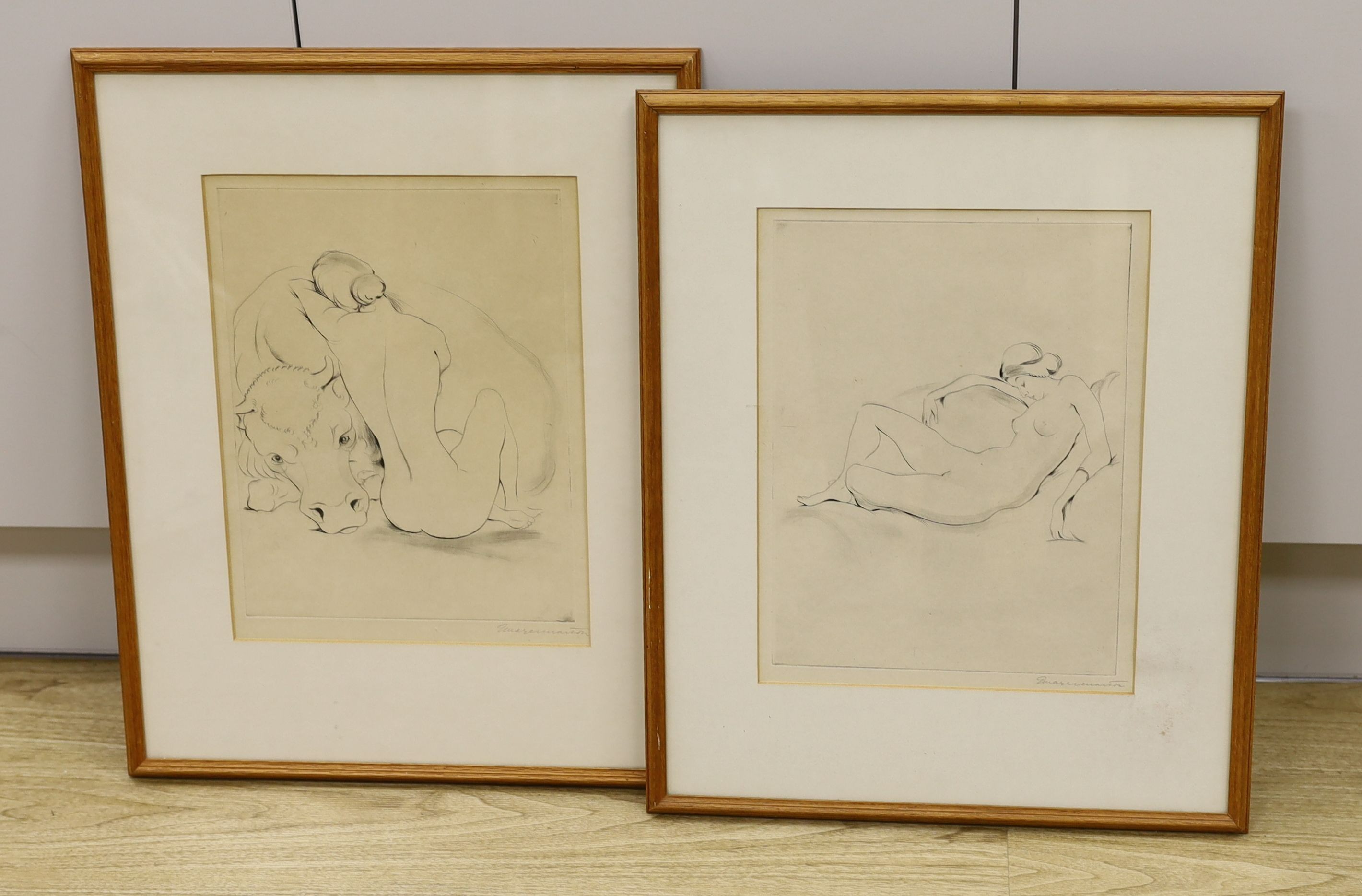 Georg Mayer-Marton (Hungarian, 1897-1960), two drypoint etchings, 'Danae' and 'Europa and the bull', signed in pencil, 34 x 26cm